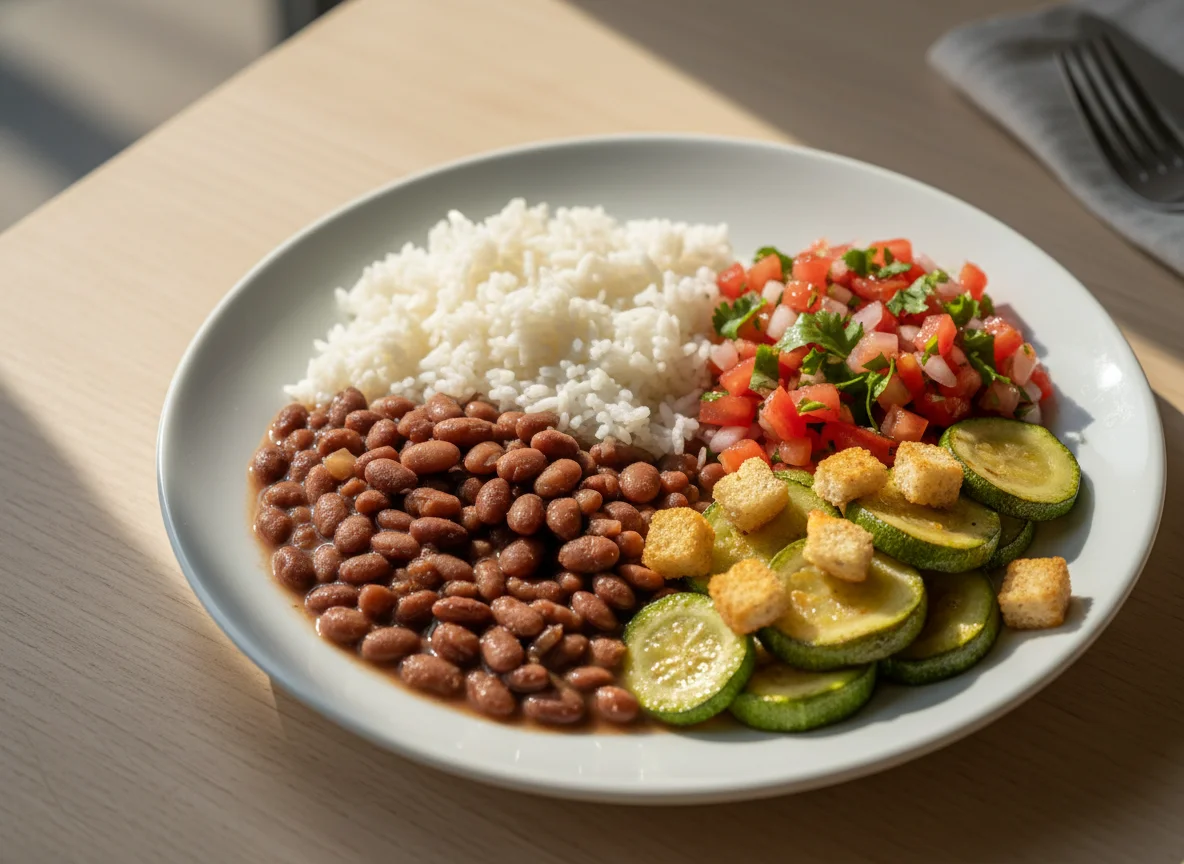 Prato misto com arroz, feijão e saladas photo