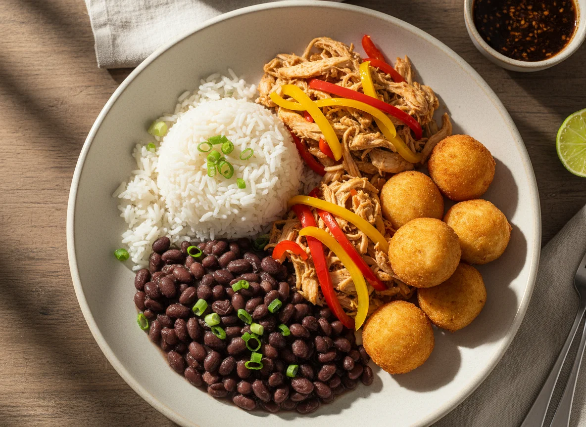 Prato misto com arroz, feijão e salgadinhos photo