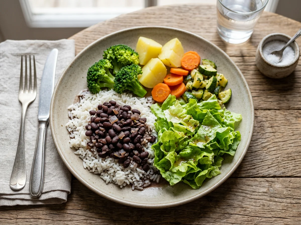 Prato misto com arroz, feijão e vegetais photo