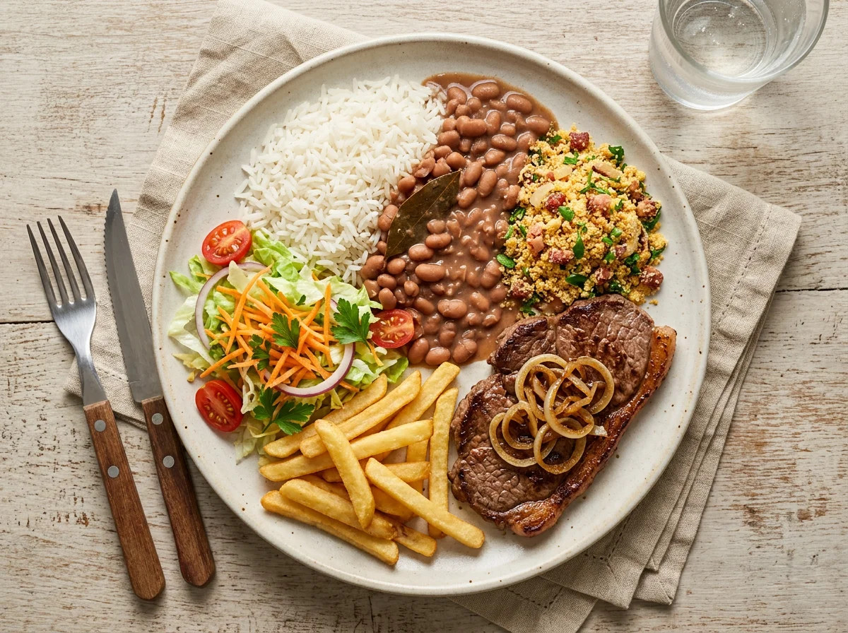 Prato misto com arroz, feijão, farofa e carne photo