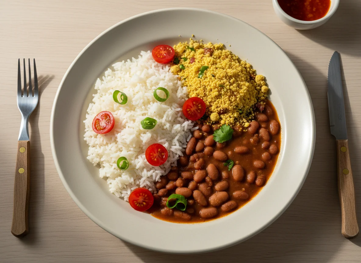Prato misto com arroz, feijão, farofa e tomate photo
