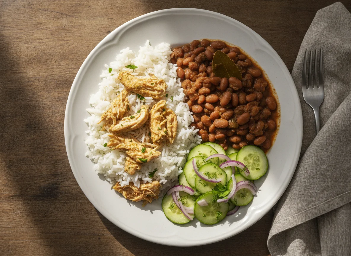 Prato misto com arroz, feijão, frango e salada de pepino photo