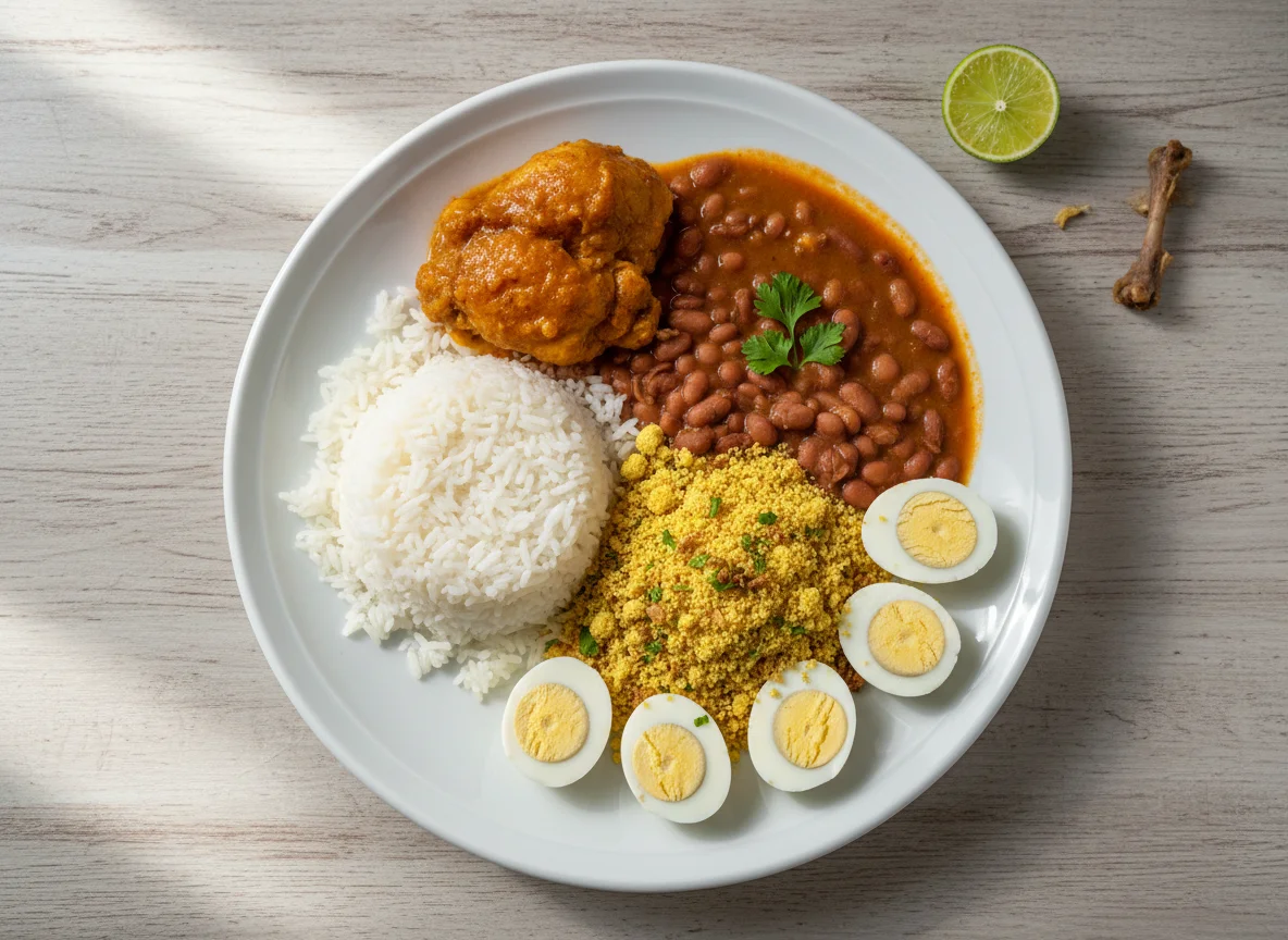 Prato misto com arroz, feijão, frango, farofa e ovos de codorna photo