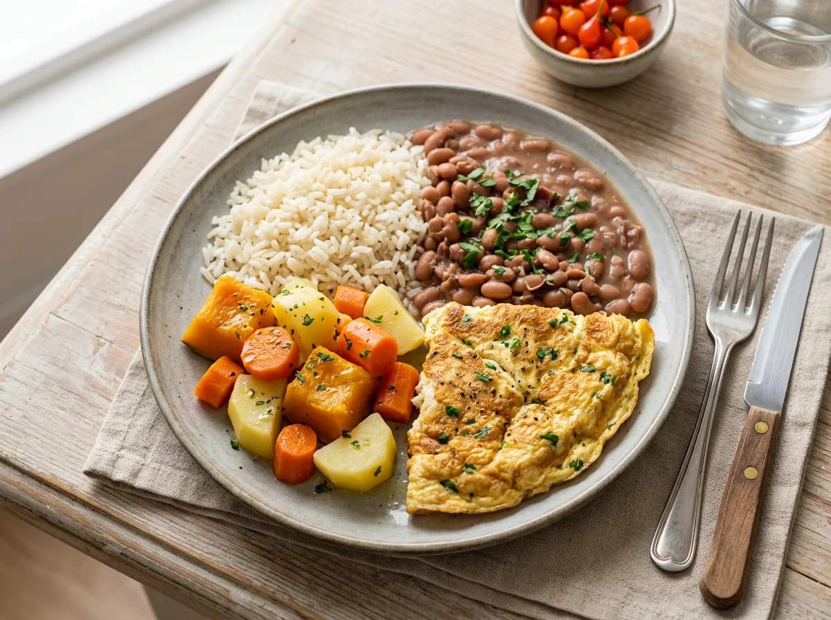 Prato misto com arroz, feijão, legumes e omelete photo