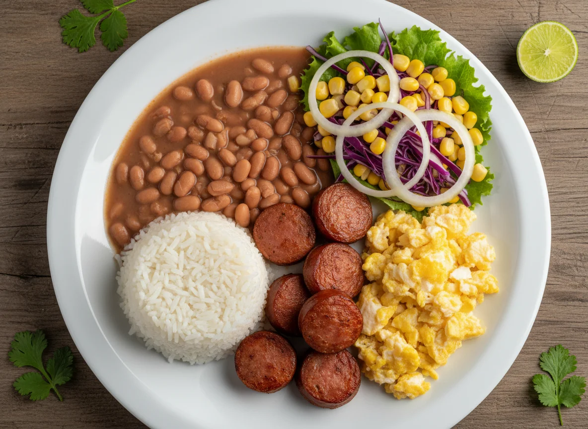 Prato misto com arroz, feijão, linguiça, ovos mexidos e salada photo