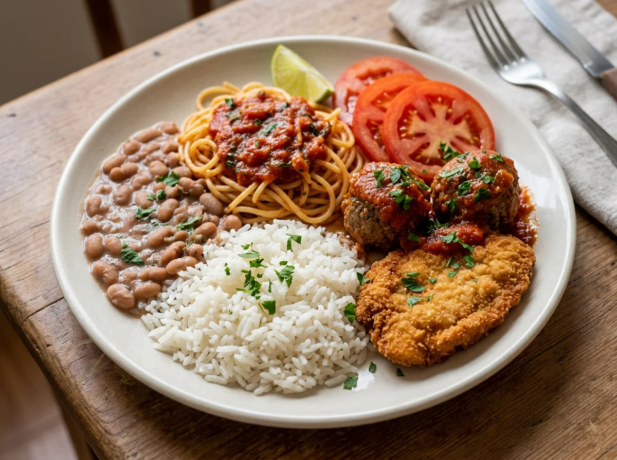 Prato misto com arroz, feijão, macarrão, almôndega e frango empanado photo