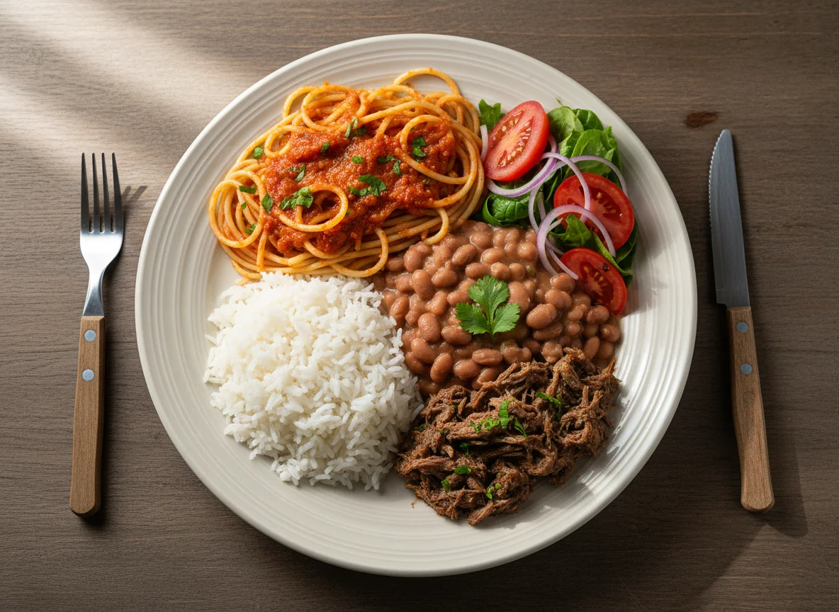 Prato misto com arroz, feijão, macarrão, carne e salada photo