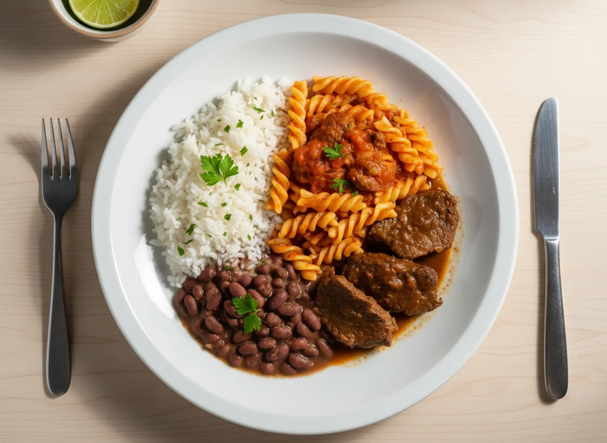 Prato misto com arroz, feijão, macarrão e carne photo