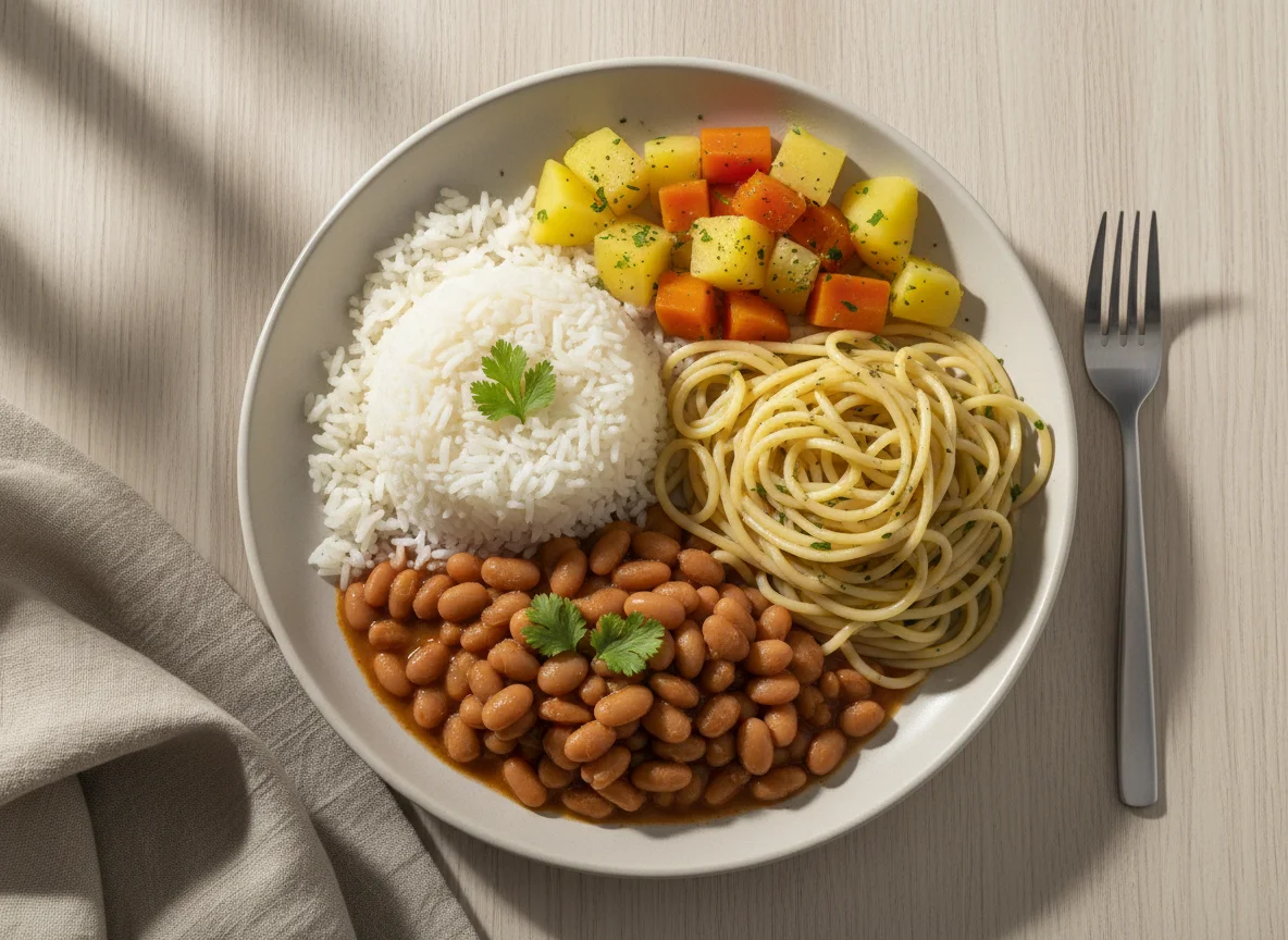 Prato misto com arroz, feijão, macarrão e legumes photo