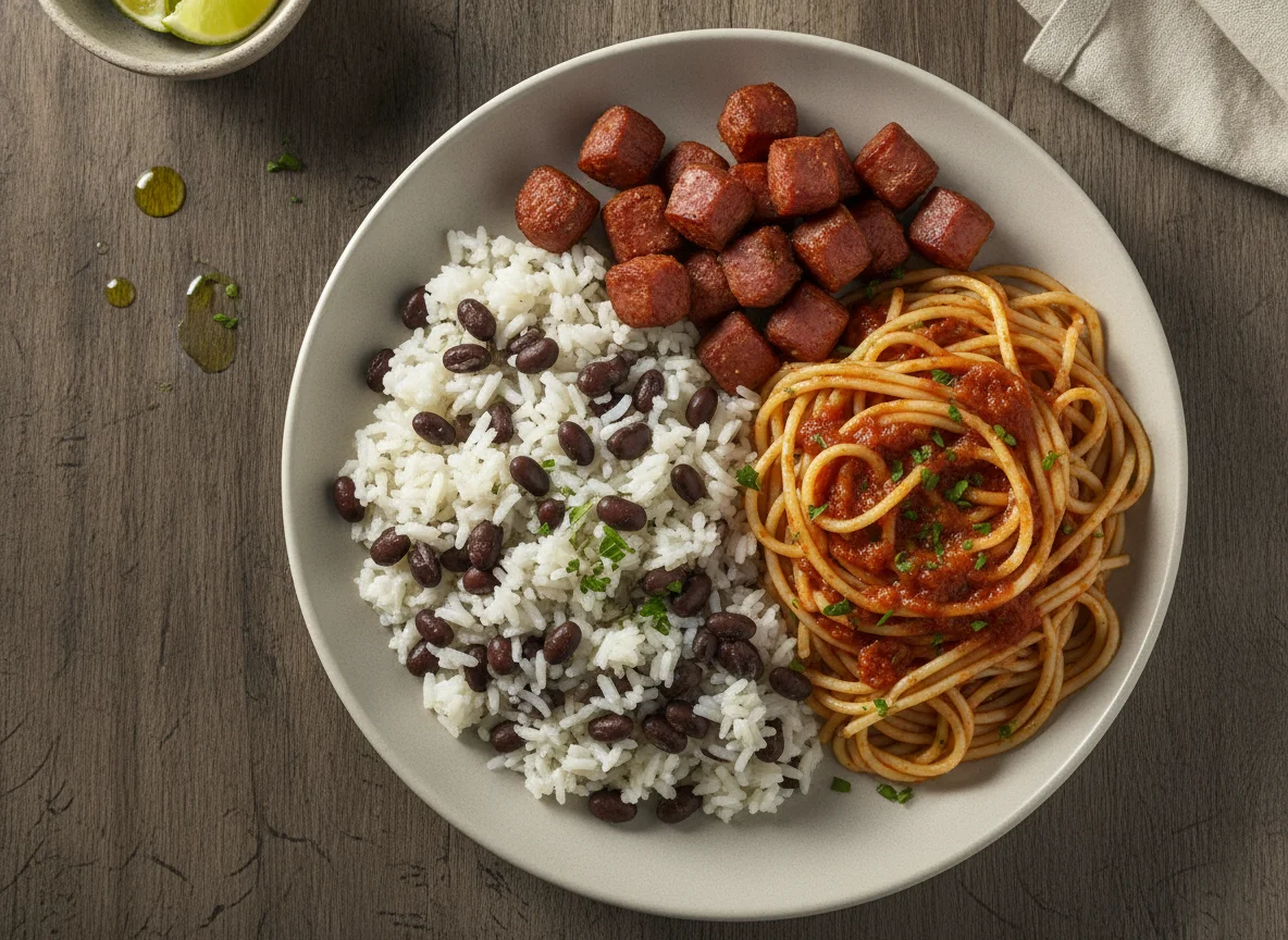 Prato misto com arroz, feijão, macarrão e salsicha photo