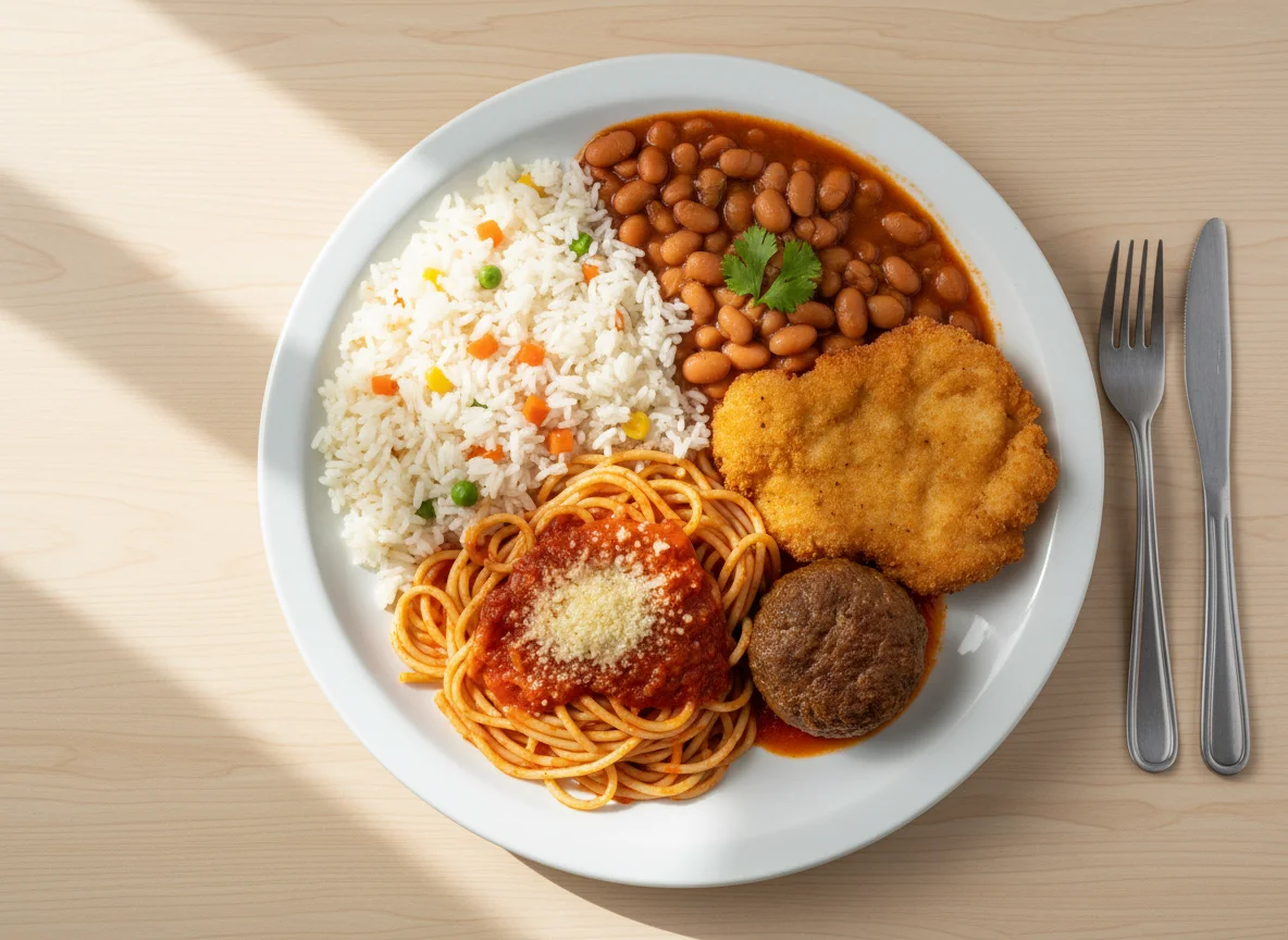 Prato misto com arroz, feijão, macarrão, frango e almôndega photo