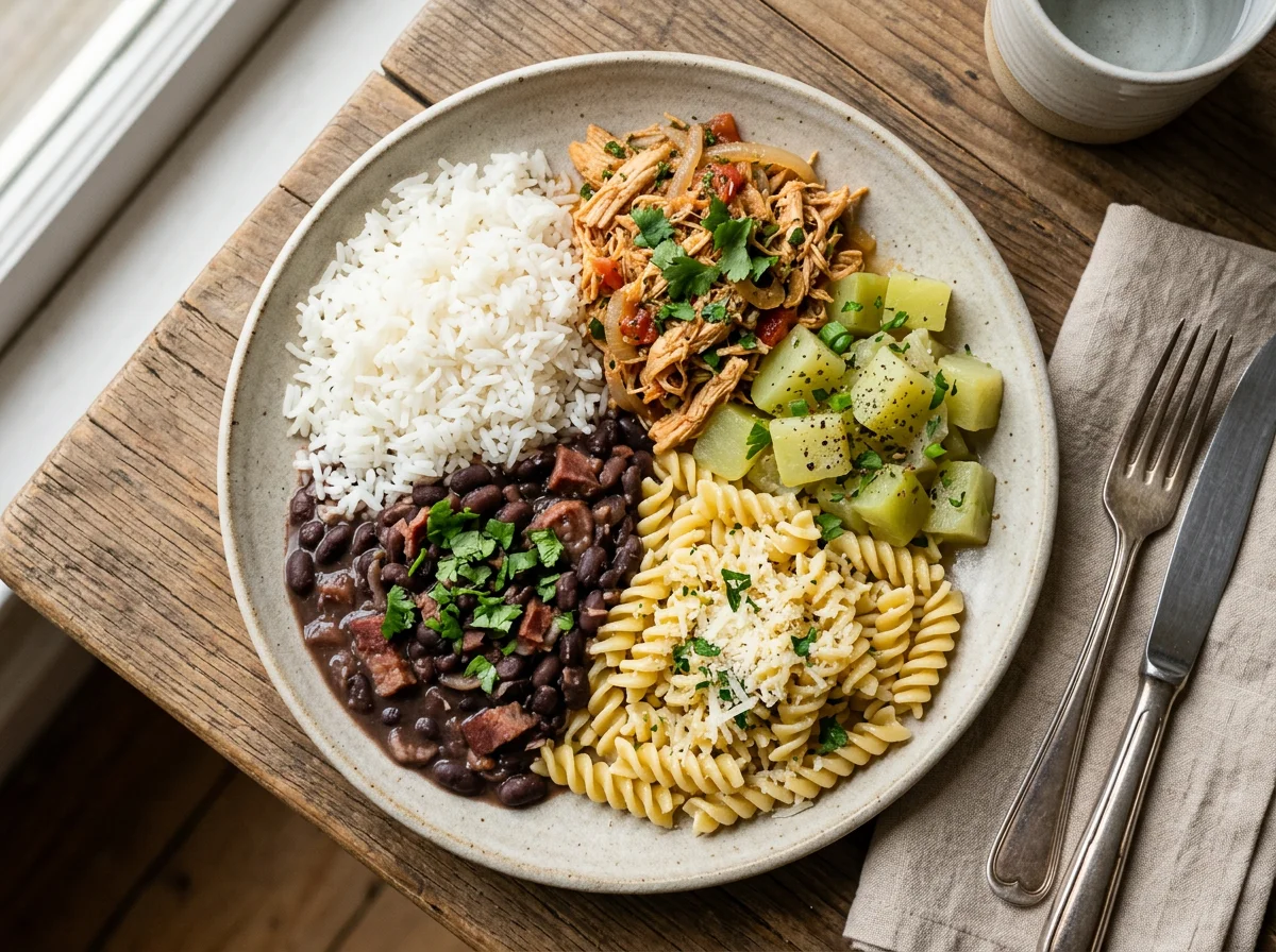 Prato misto com arroz, feijão, macarrão, frango e chuchu photo