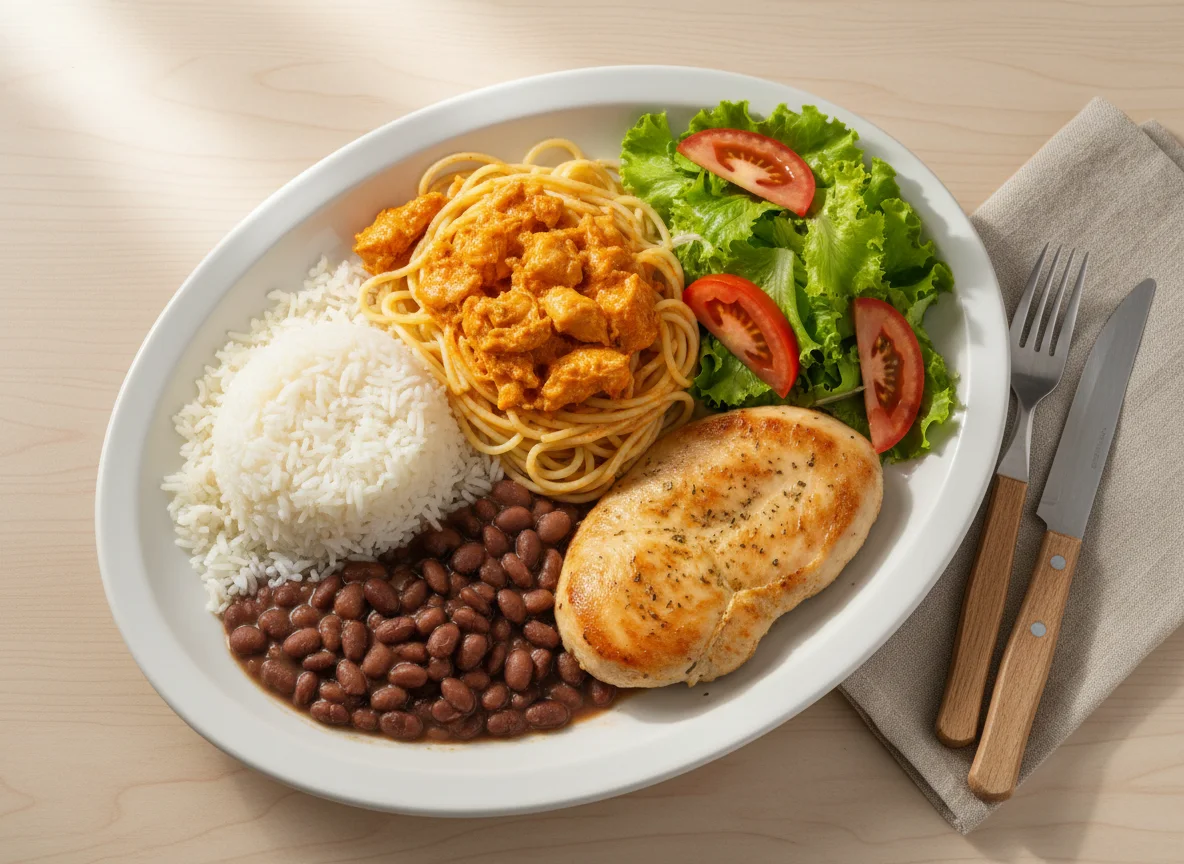 Prato misto com arroz, feijão, macarrão, salada e frango photo