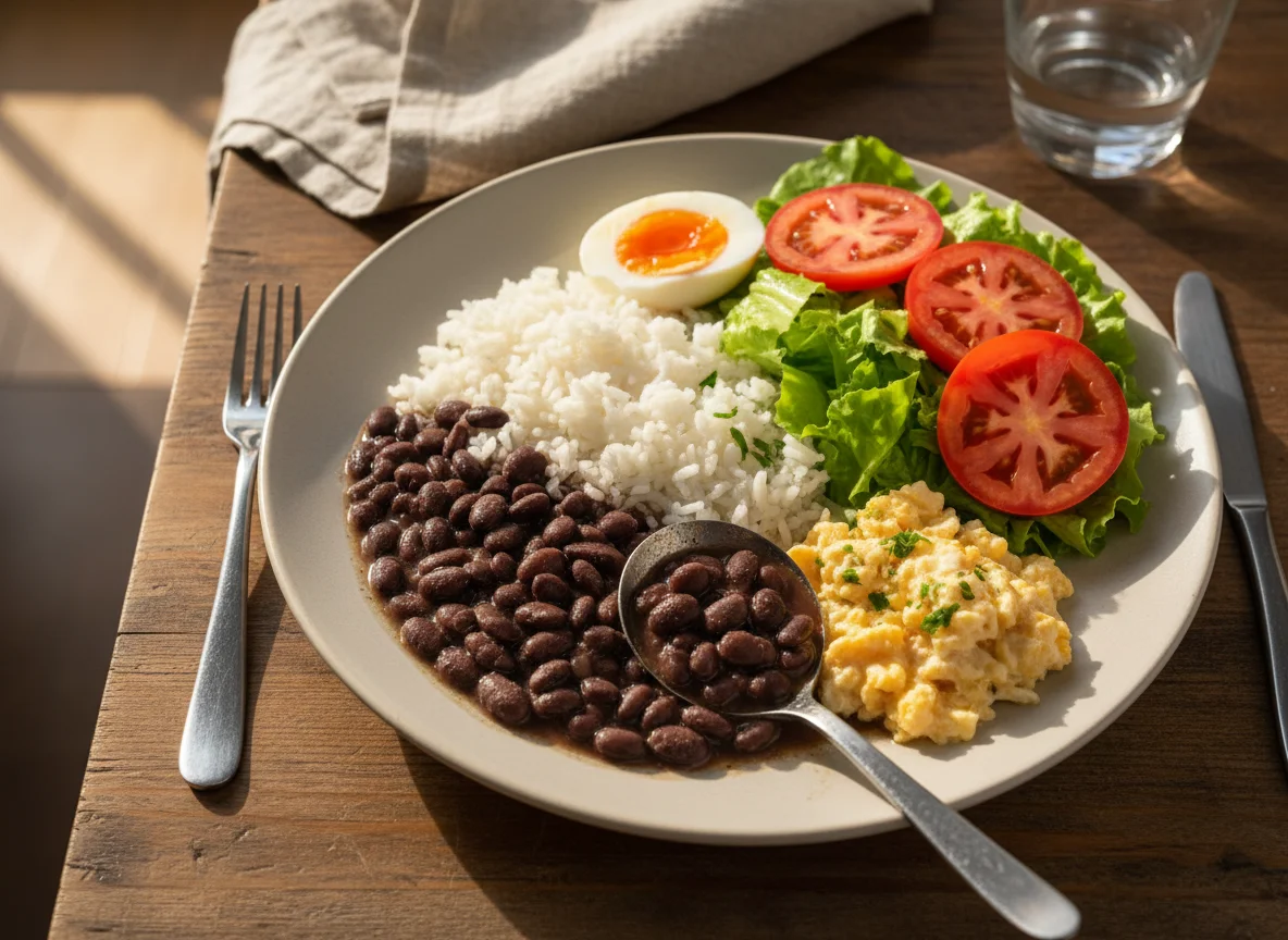 Prato misto com arroz, feijão, ovo e salada photo