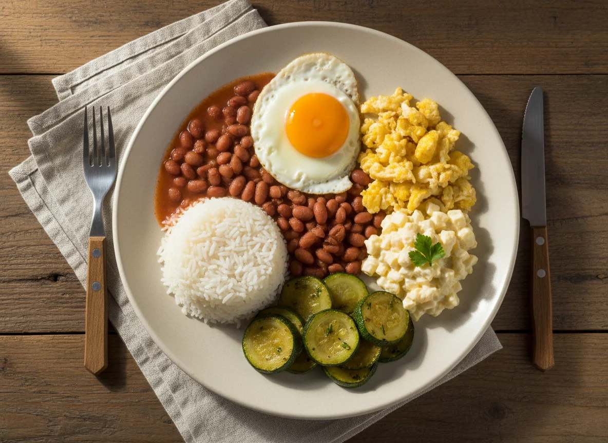 Prato misto com arroz, feijão, ovos e abobrinha photo