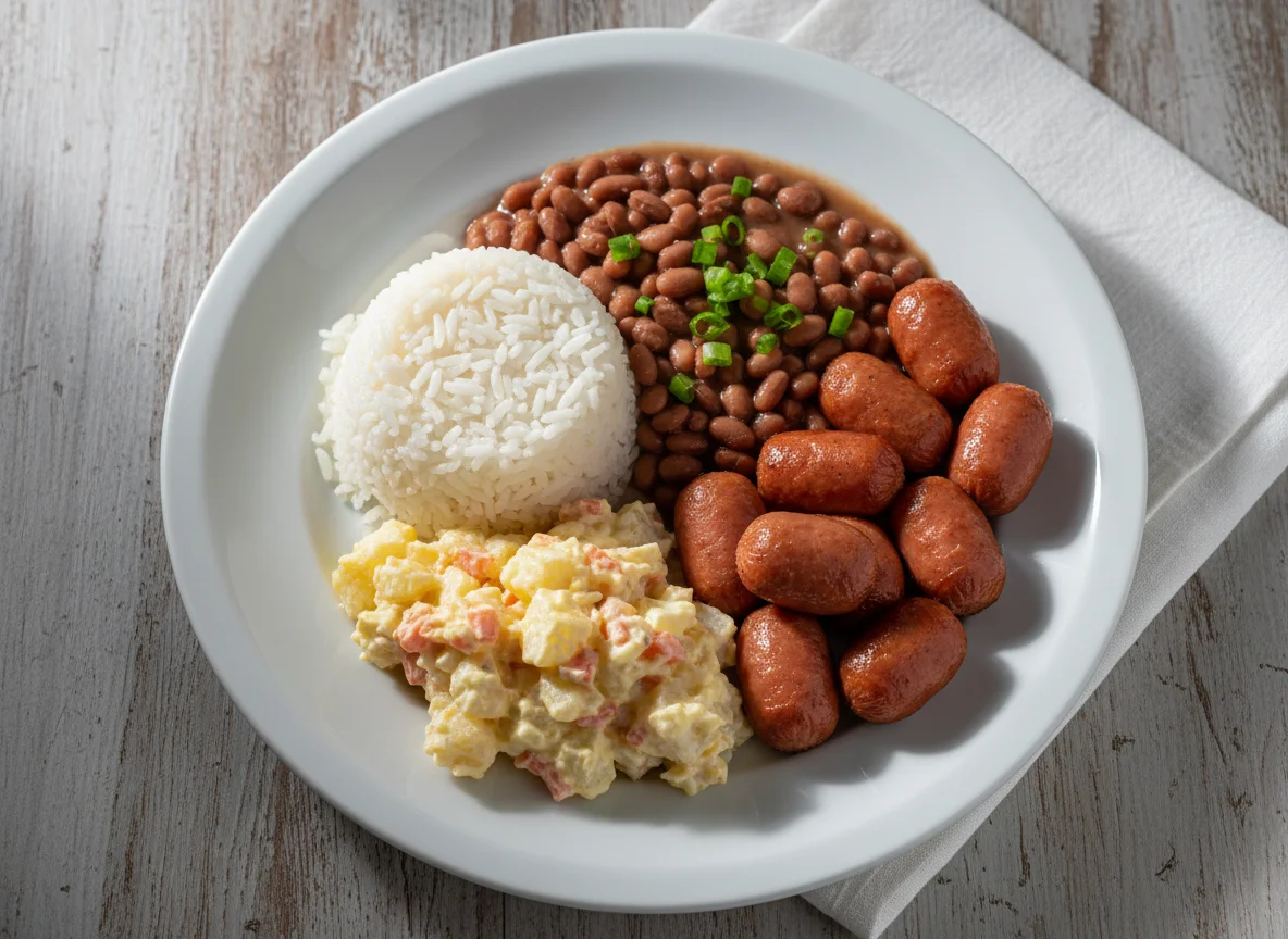 Prato misto com arroz, feijão, salada de maionese e salsichas photo