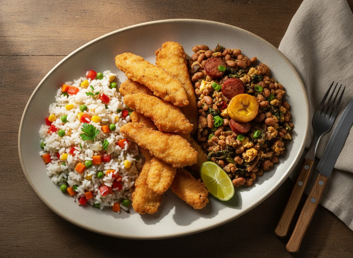Prato misto com arroz, feijão tropeiro e peixe frito photo