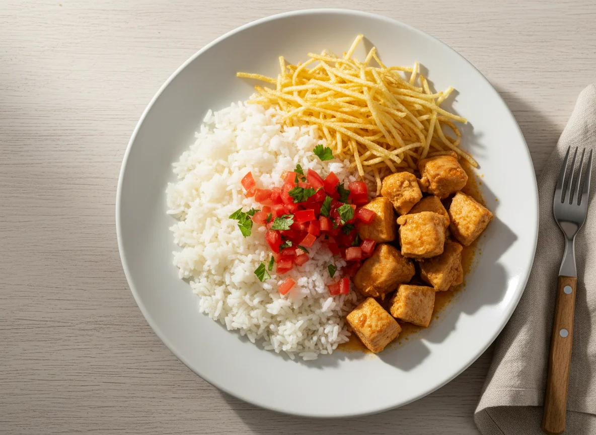 Prato misto com arroz, frango, batata palha e tomate photo