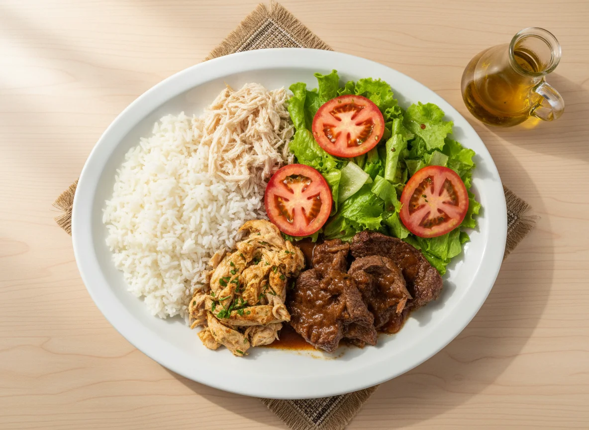 Prato misto com arroz, frango, carne e salada photo