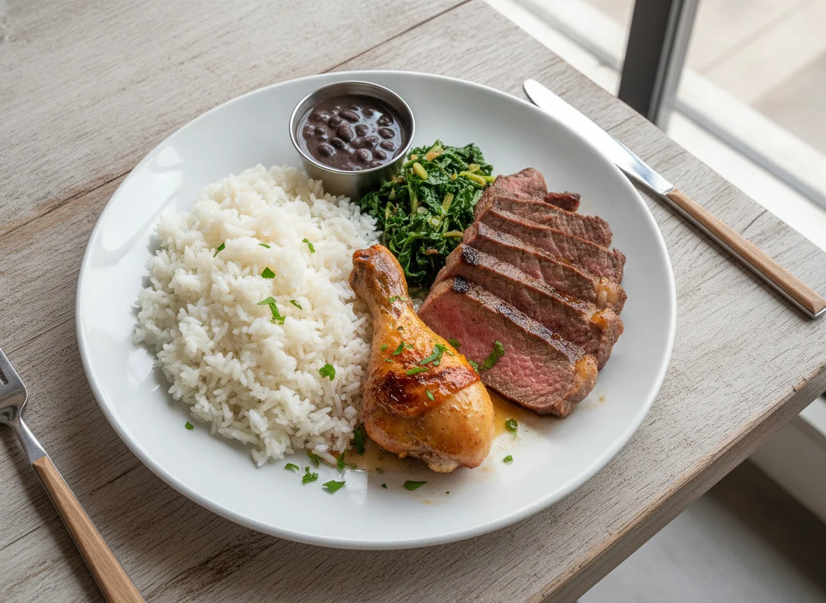 Prato misto com arroz, frango e carne bovina photo