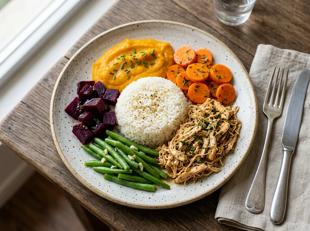 Prato misto com arroz, frango e legumes photo