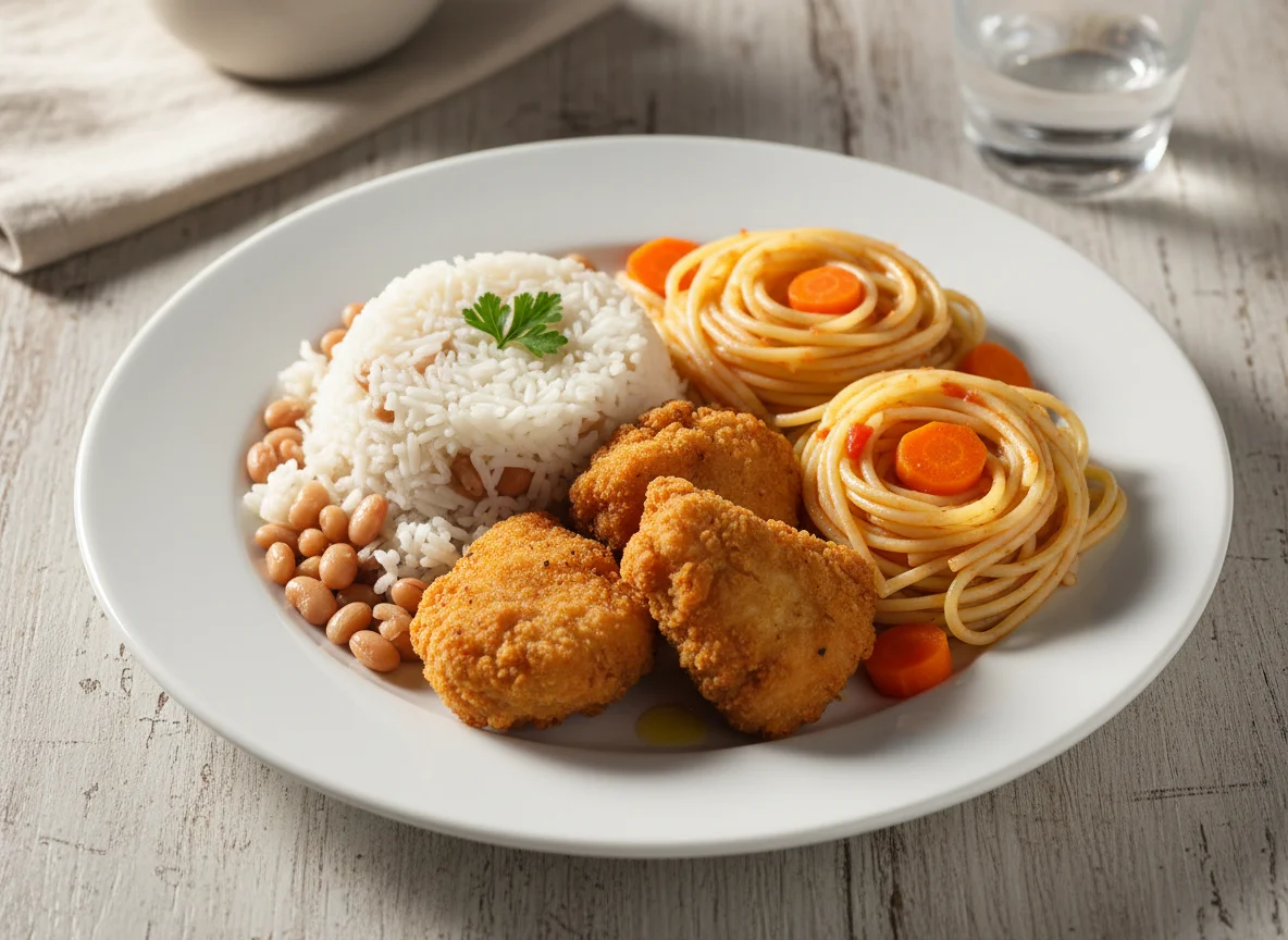 Prato misto com arroz, frango e macarrão photo