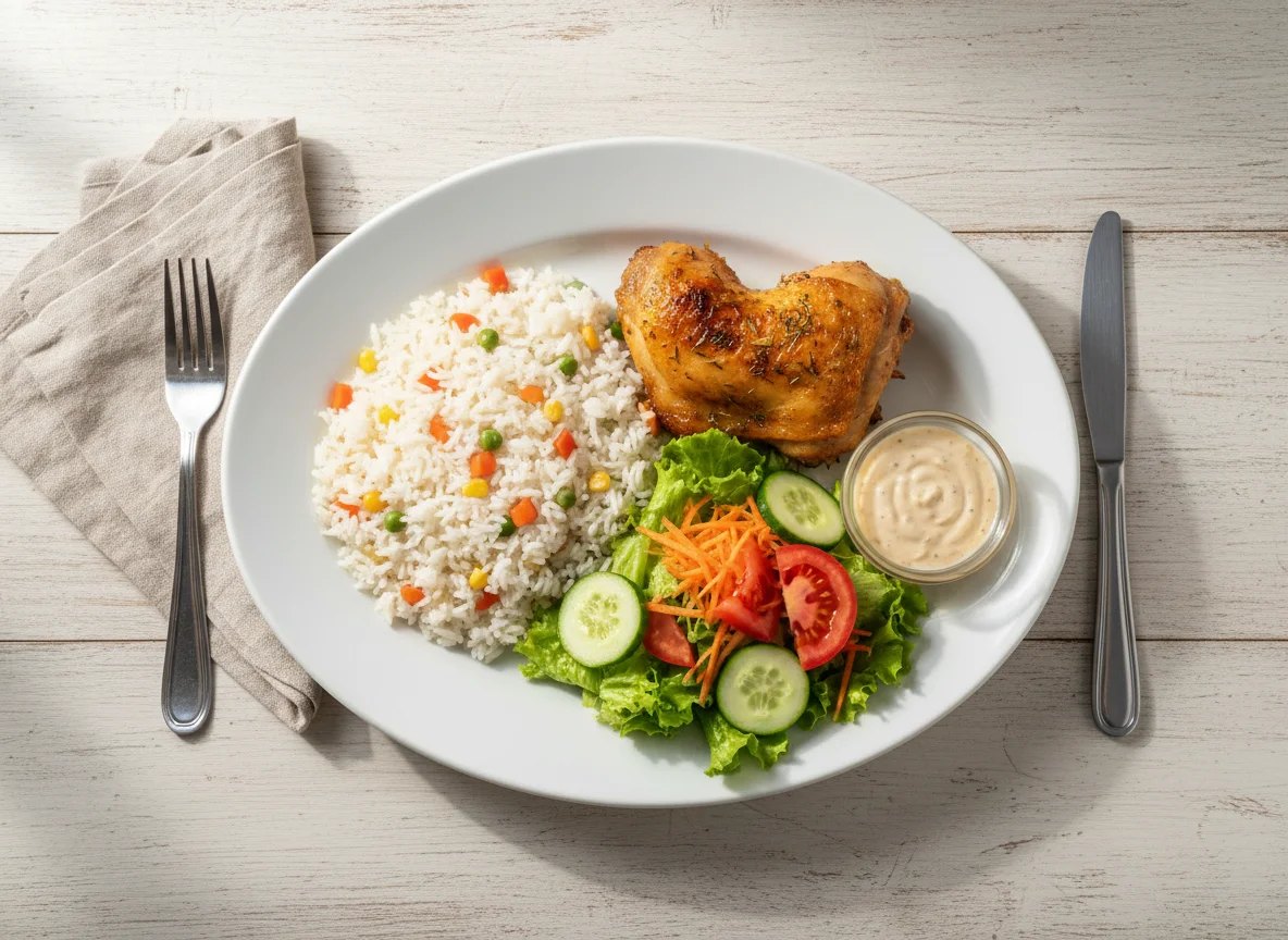Prato misto com arroz, frango e salada photo