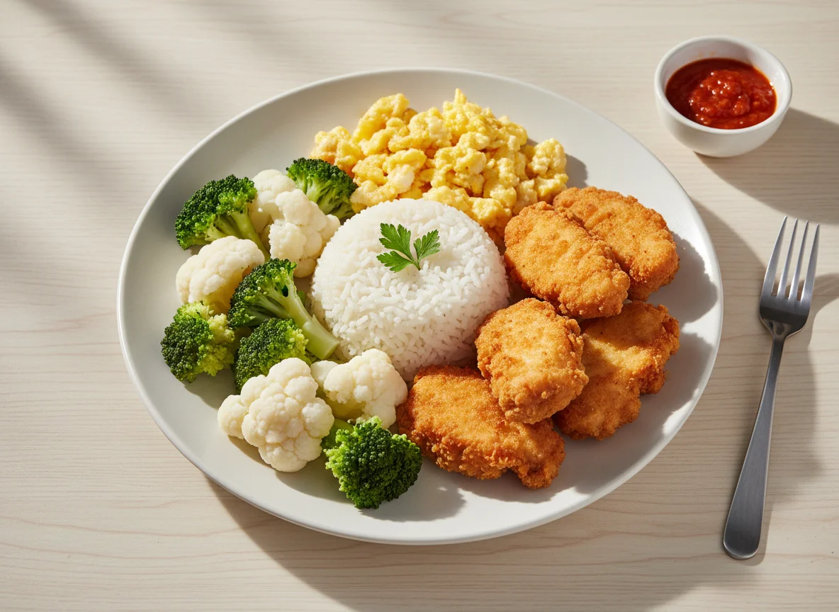 Prato misto com arroz, frango frito e vegetais photo