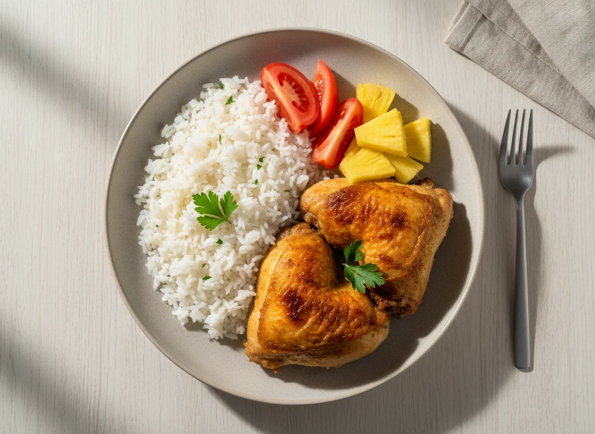 Prato misto com arroz, frango, tomate e abacaxi photo