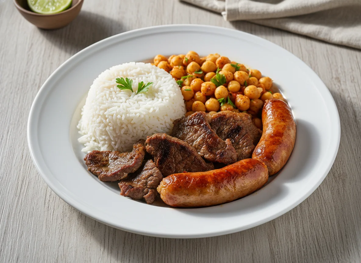 Prato misto com arroz, grão de bico, carne e linguiça photo
