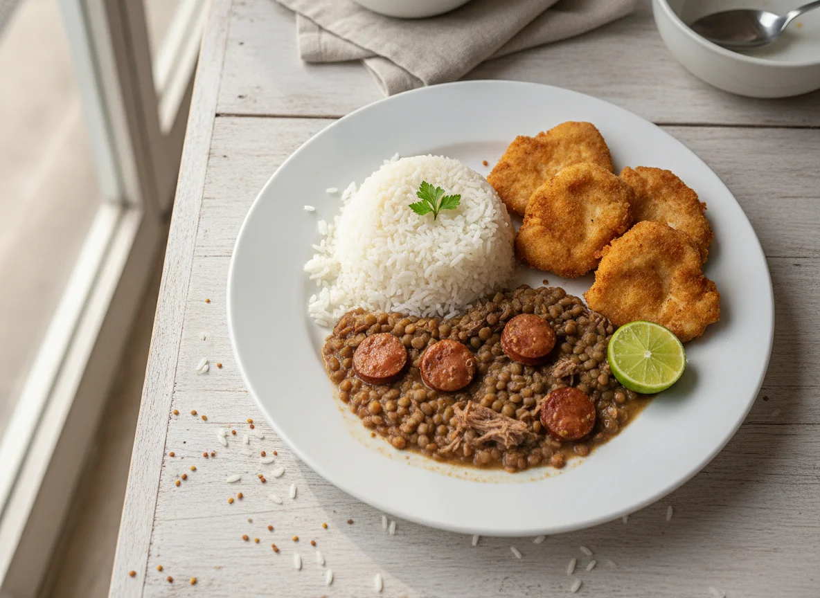 Prato misto com arroz, lentilha e frango photo
