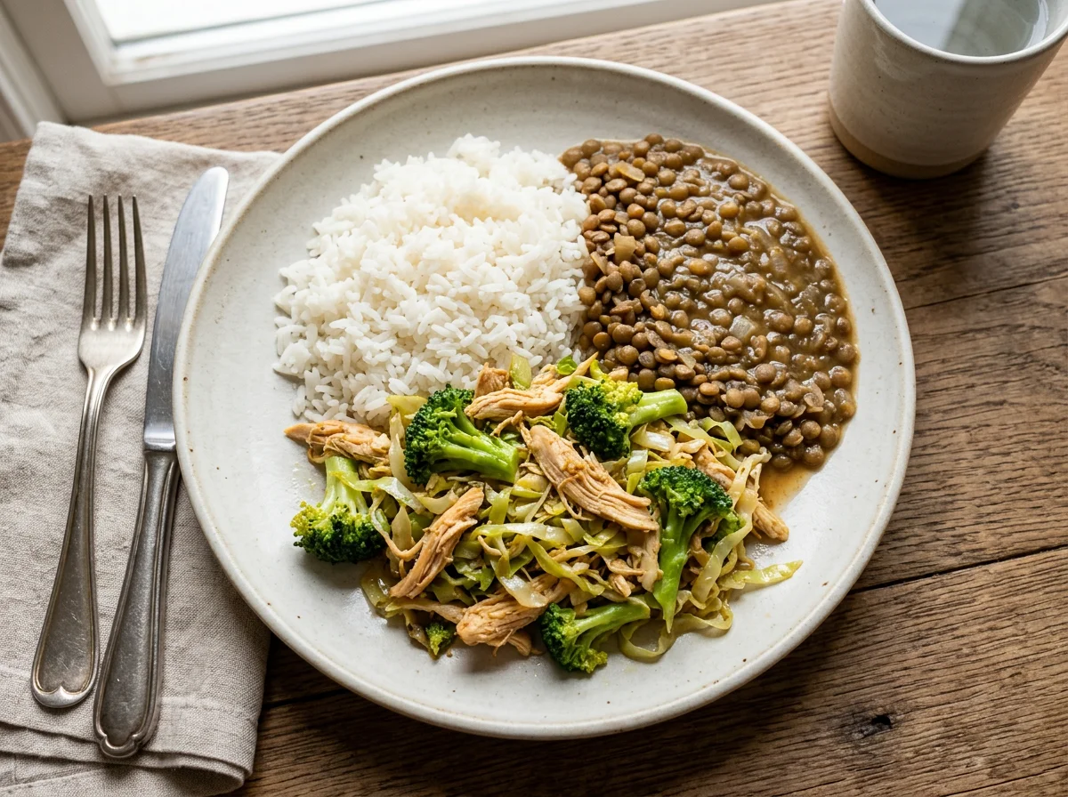 Prato misto com arroz, lentilha e refogado de brócolis e frango photo
