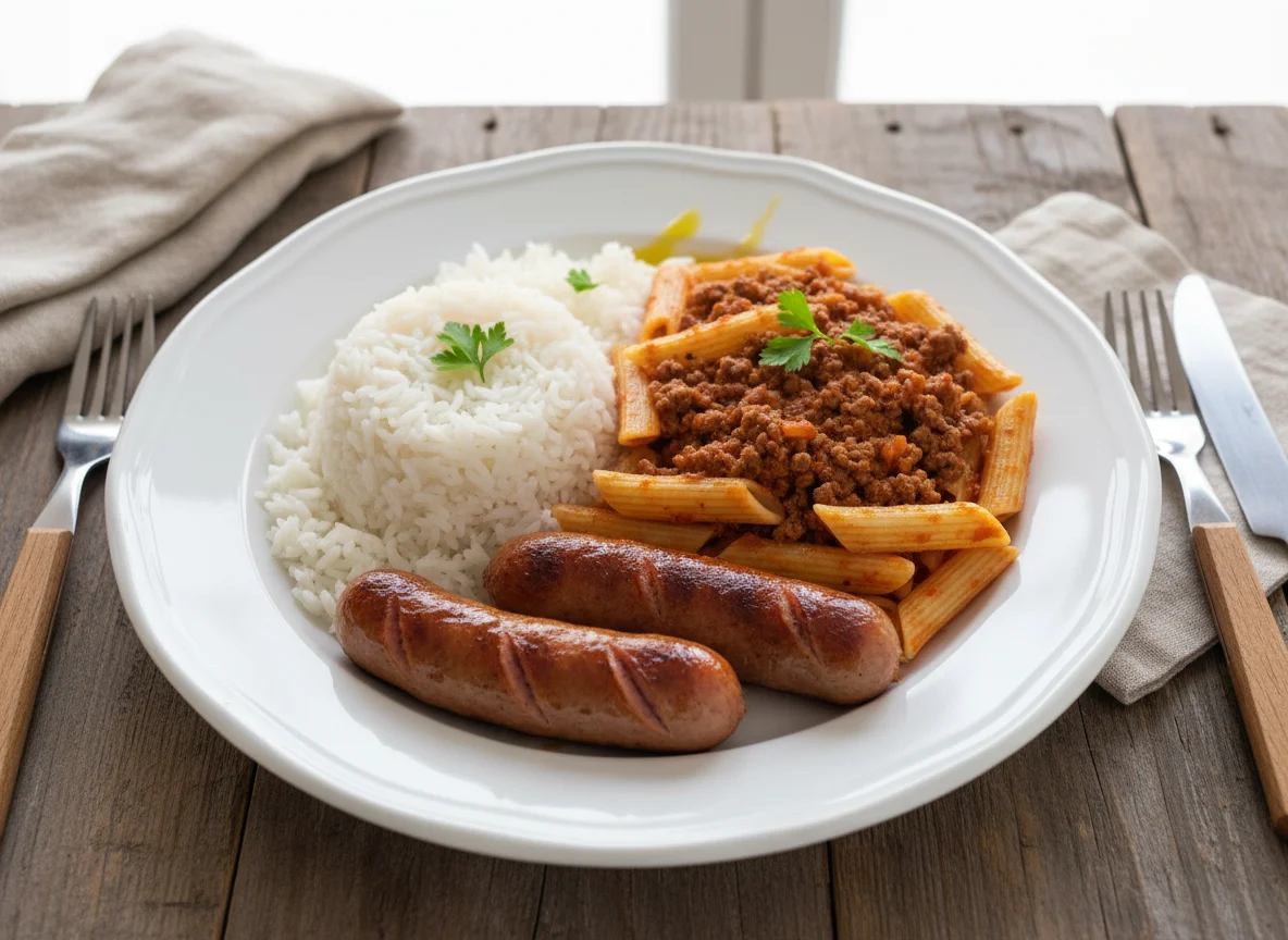 Prato misto com arroz, macarrão à bolonhesa e salsicha photo