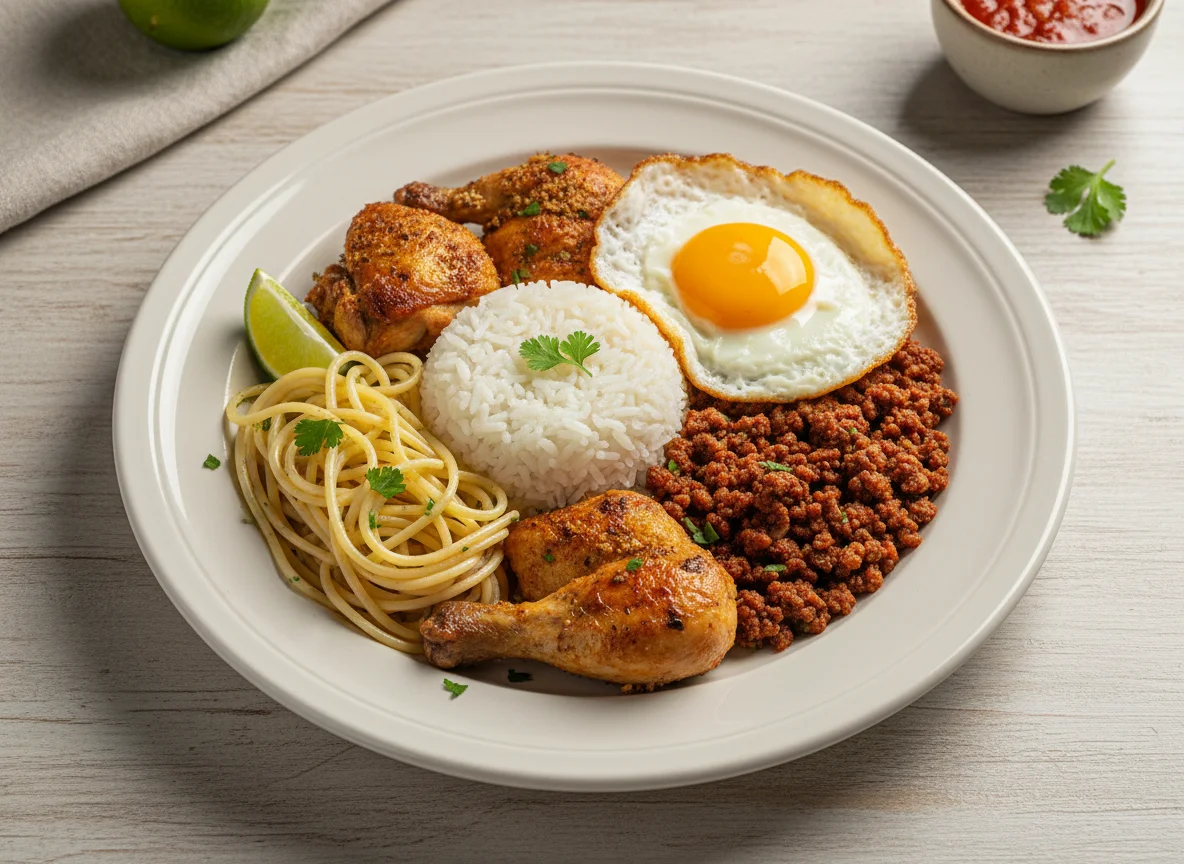 Prato misto com arroz, macarrão, carne moída, ovo e frango photo