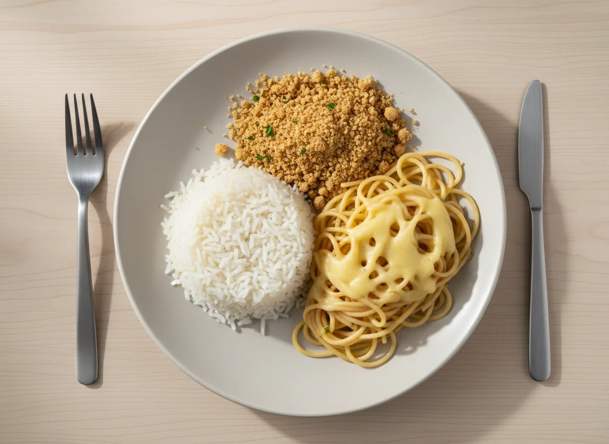 Prato misto com arroz, macarrão e farofa photo