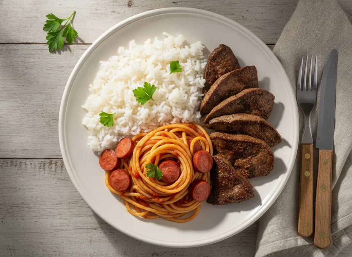 Prato misto com arroz, macarrão e fígado photo