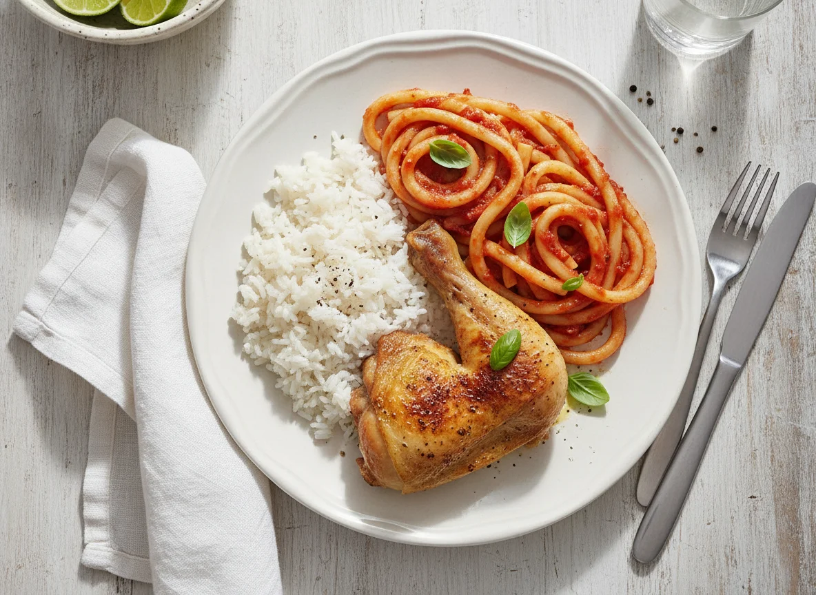 Prato misto com arroz, macarrão e frango photo