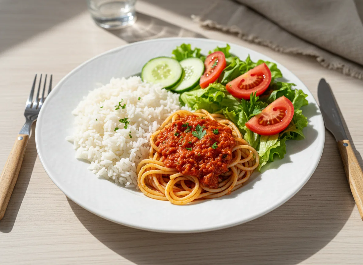 Prato misto com arroz, macarrão e salada photo