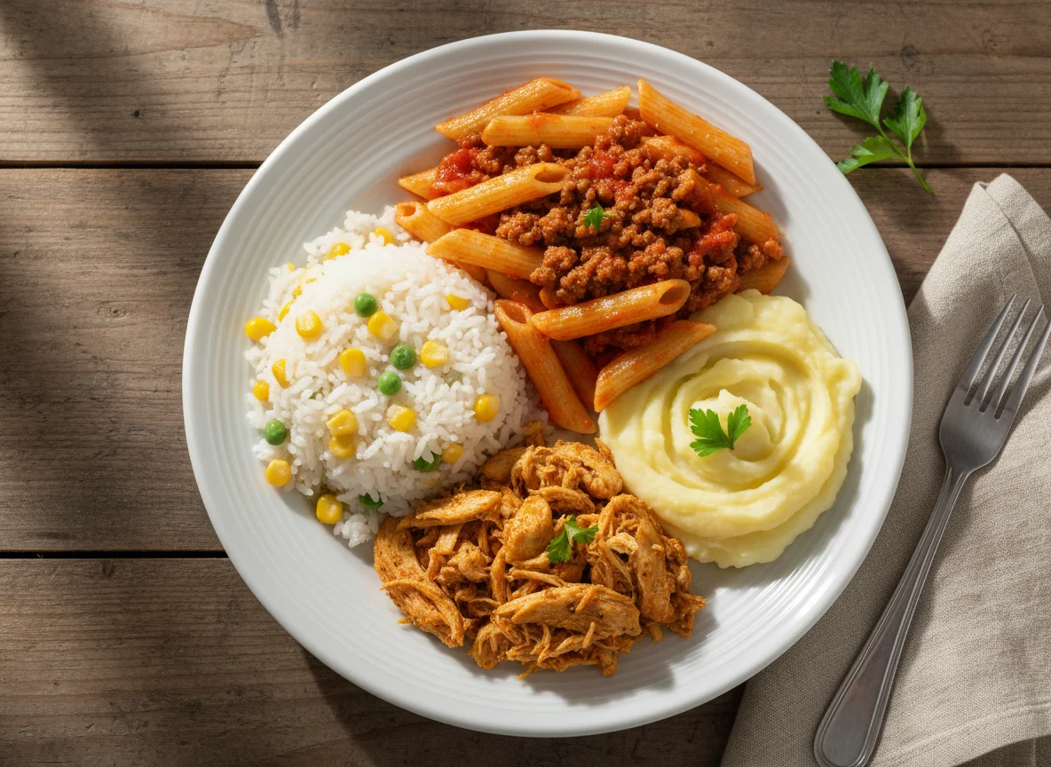 Prato misto com arroz, massa, frango desfiado e purê photo