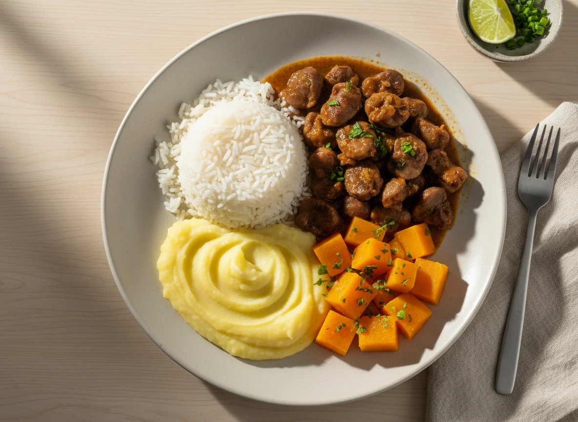 Prato misto com arroz, moela, purê de batata e abóbora photo