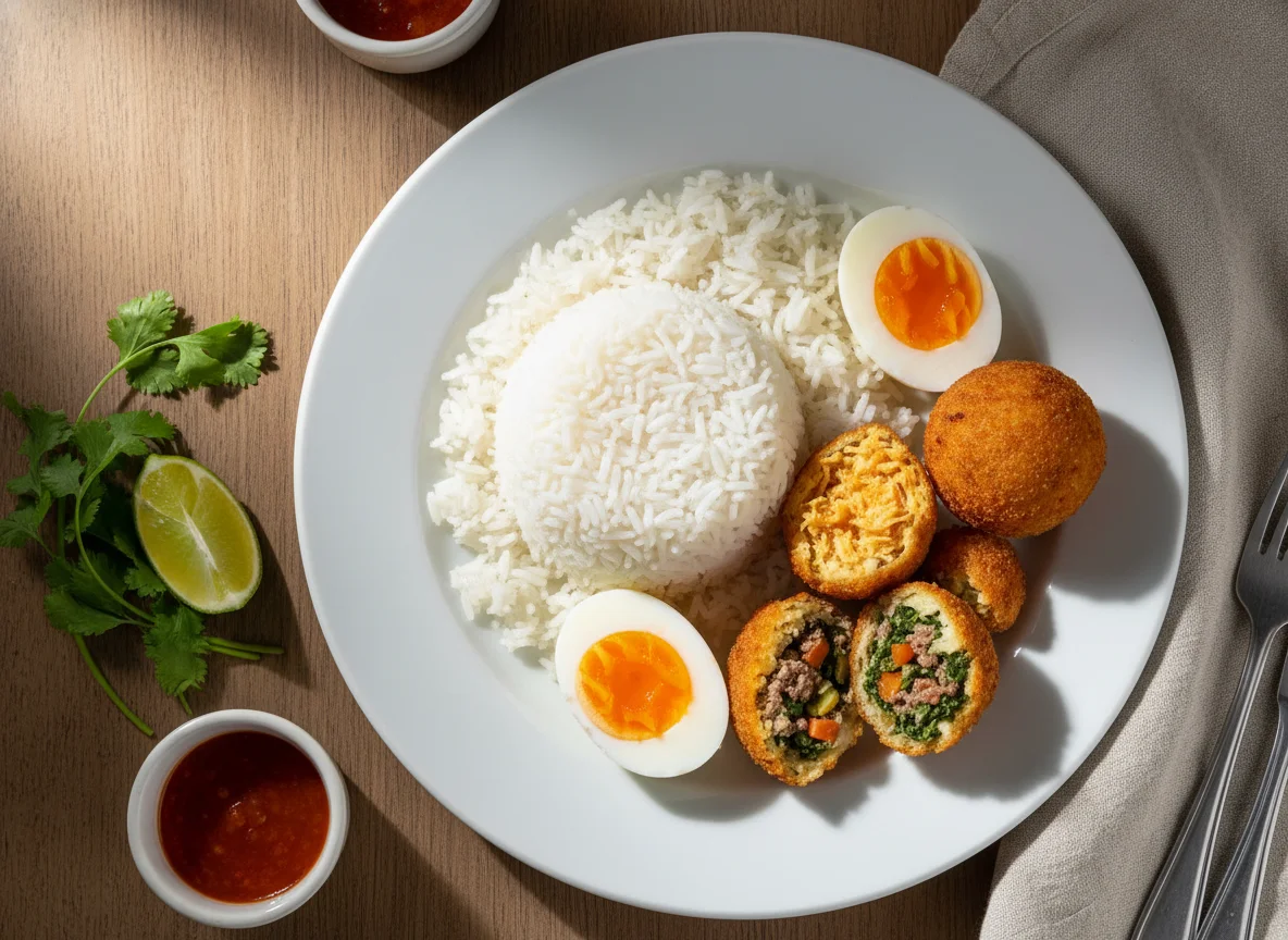 Prato misto com arroz, ovos e bolinhos photo