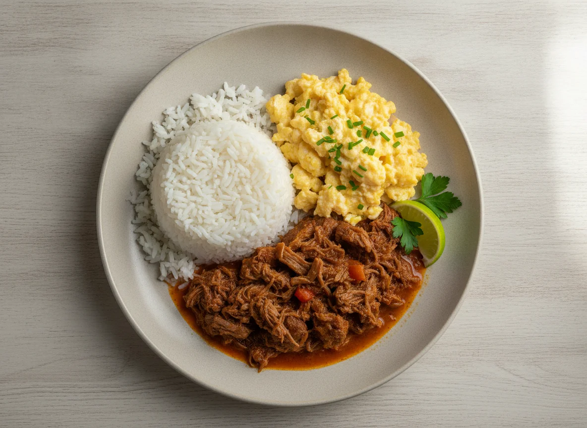 Prato misto com arroz, ovos mexidos e carne photo