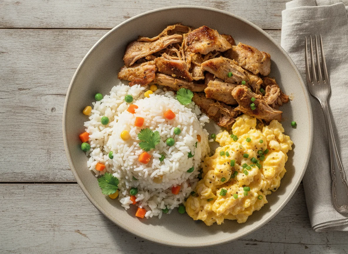 Prato misto com arroz, ovos mexidos e carne de porco photo