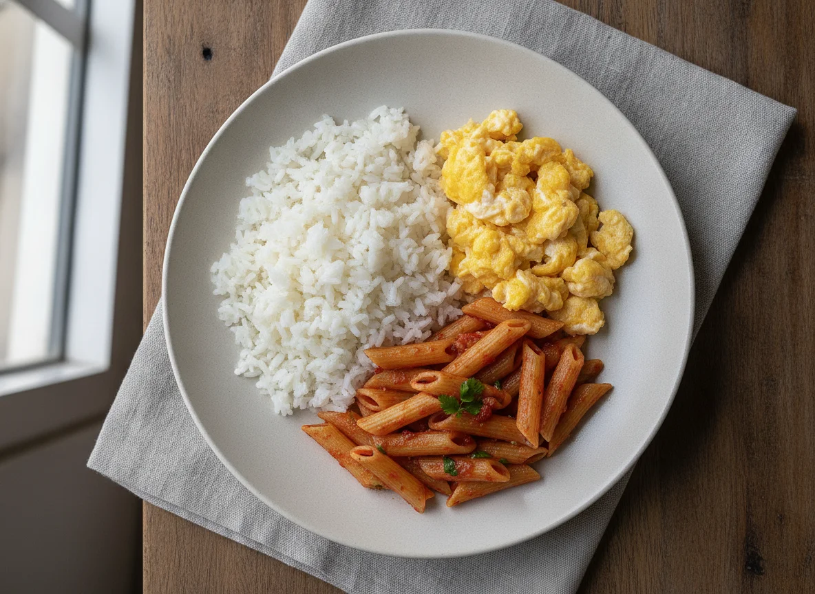 Prato misto com arroz, ovos mexidos e macarrão photo