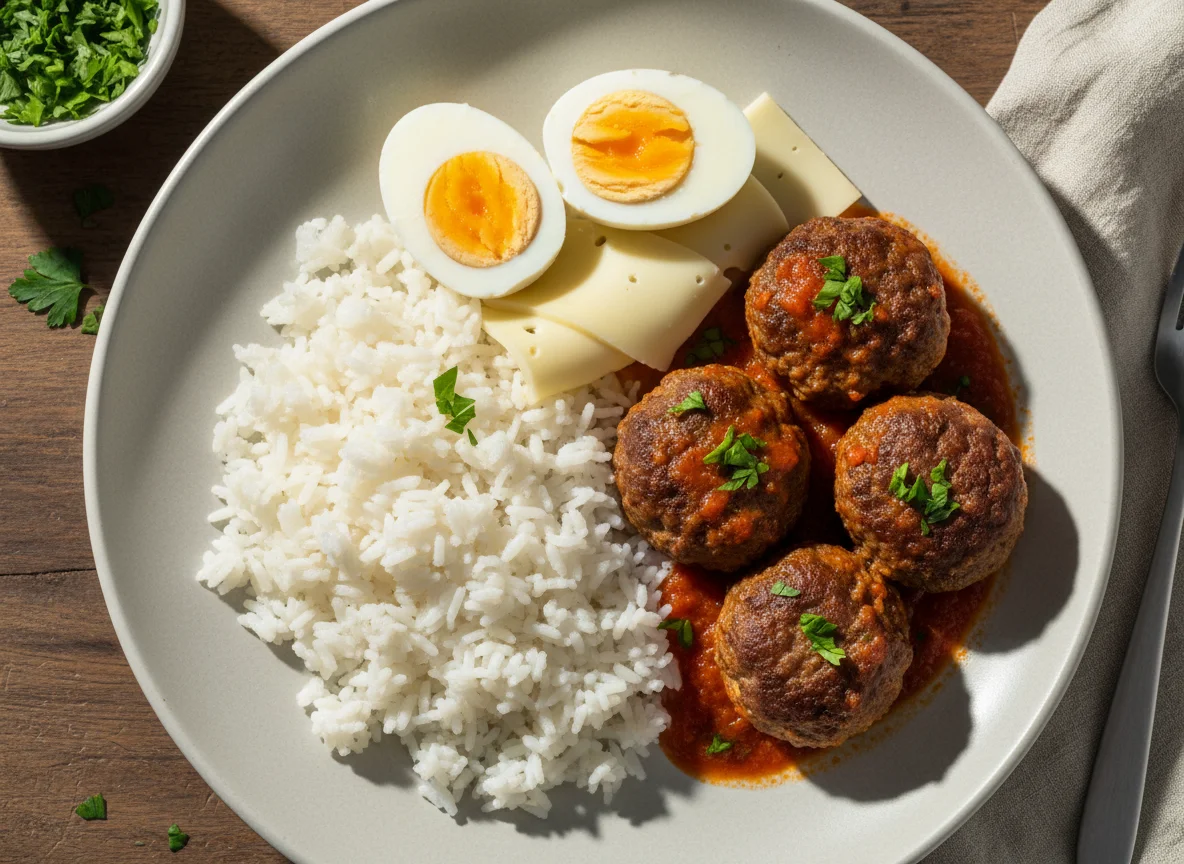 Prato misto com arroz, ovos, queijo e almôndegas photo