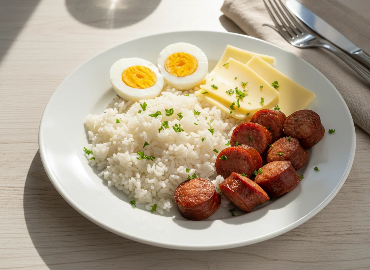 Prato misto com arroz, ovos, queijo e linguiça photo