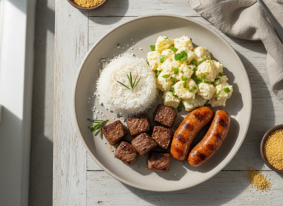 Prato misto com arroz, salada de batata, carne e linguiça photo