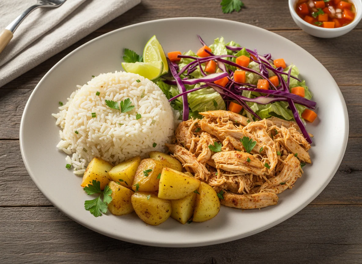 Prato misto com arroz, salada e batata photo