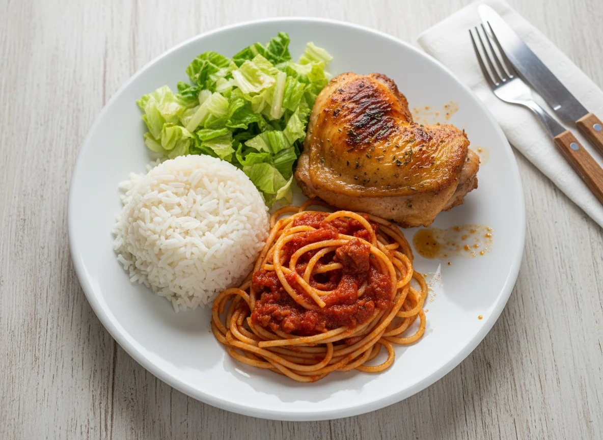 Prato misto com arroz, salada e macarrão photo