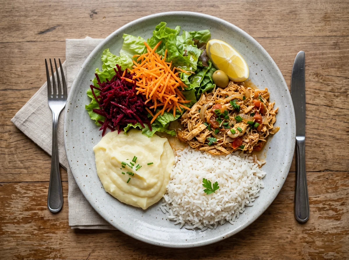 Prato misto com arroz, salada e purê photo
